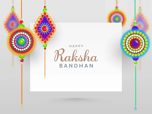 Happy Raksha Bandhan Concept Beautiful Rakhis Hang White Background — Stock Vector