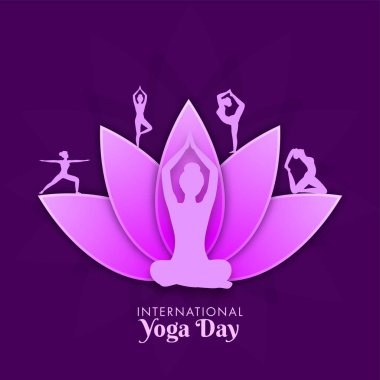 Kağıt Kesiği Nilüfer Çiçeği ve Siluet Kadınlar Uluslararası Yoga Günü için Mor Arkaplanda Farklı Poz Vererek Yoga Çalışıyor.