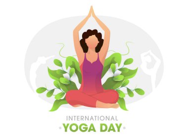 Uluslararası Yoga Günü için Yeşil Yapraklarla Farklı Pozisyonlarda Yoga Yapan Genç Kadınlar.