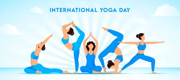 Young Girls Doing Yoga Different Poses Blue Rays Background International — 스톡 벡터