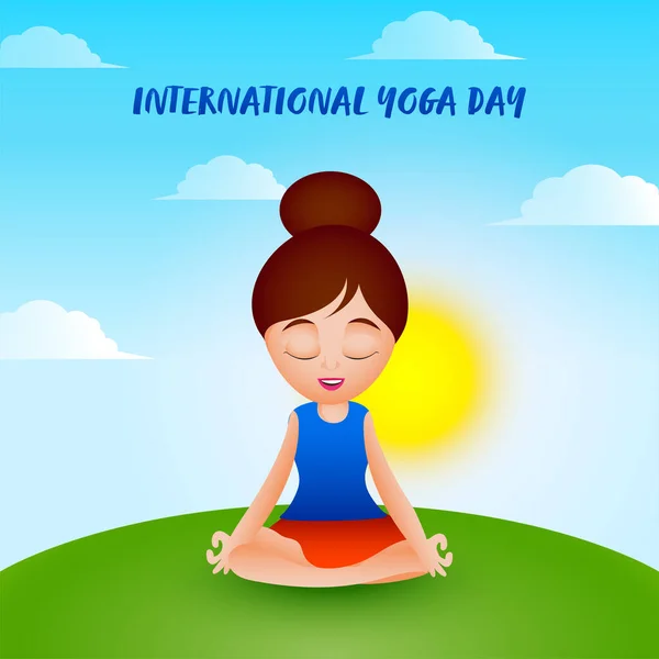 아름다운 Lotus Pose Sun Blue Green Background International Yoga Day — 스톡 벡터