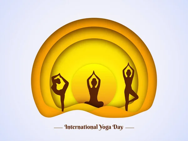 Uluslararası Yoga Günü Için Kağıt Kesme Arkaplanda Farklı Pozisyonlarda Yoga — Stok Vektör