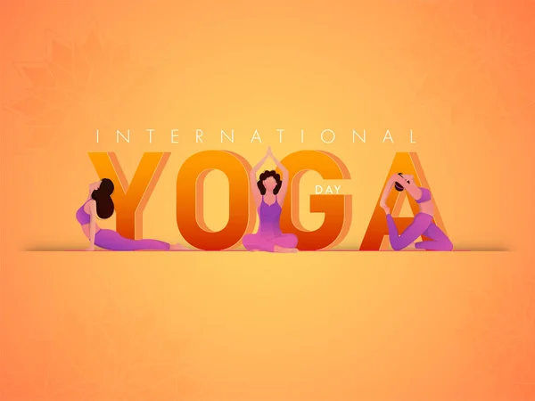 Internationaler Yoga Tag Mit Cartoon Mädchen Die Yoga Verschiedenen Posen — Stockvektor