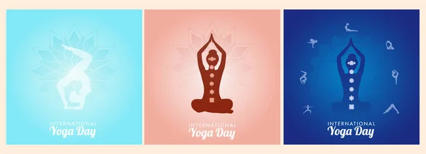 Postergestaltung Zum Internationalen Yoga Tag Mit Silhouette Weibliche Praktiziert Yoga — Stockvektor