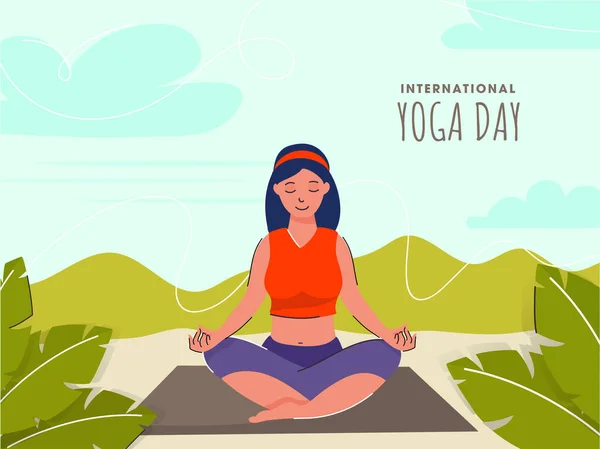 Menina Meditando Lotus Pose Fundo Natureza Para Dia Internacional Yoga — Vetor de Stock