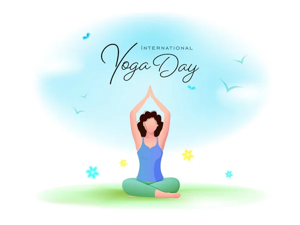 International Yoga Day Font Com Desenhos Animados Mulher Jovem Meditando — Vetor de Stock