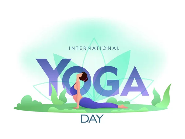 International Yoga Dag Tekst Med Tegneserie Ung Kvinde Udøver Bhujangasana – Stock-vektor