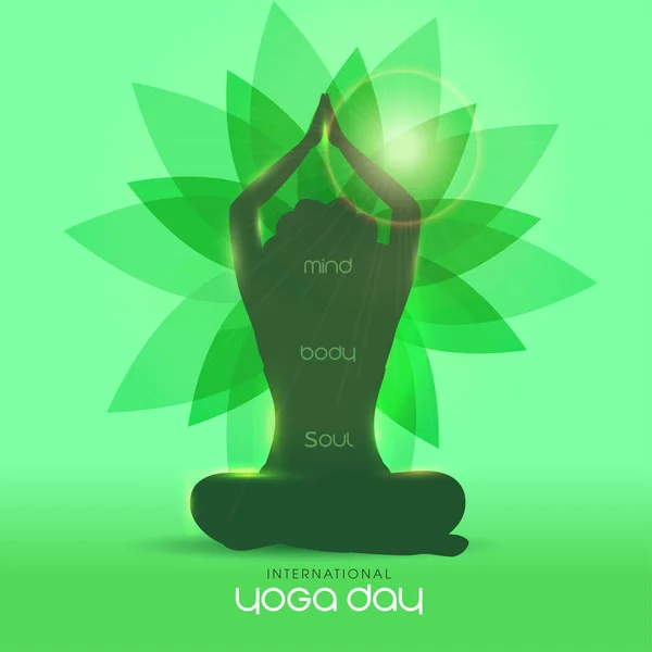 Silhueta Feminino Meditando Lotus Pose Com Flor Sol Fundo Verde — Vetor de Stock