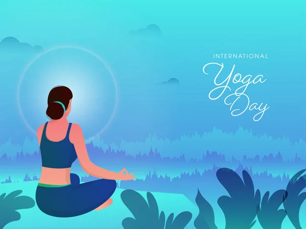 Internationell Yoga Day Font Med Baksida Beskådar Ung Kvinna Som — Stock vektor