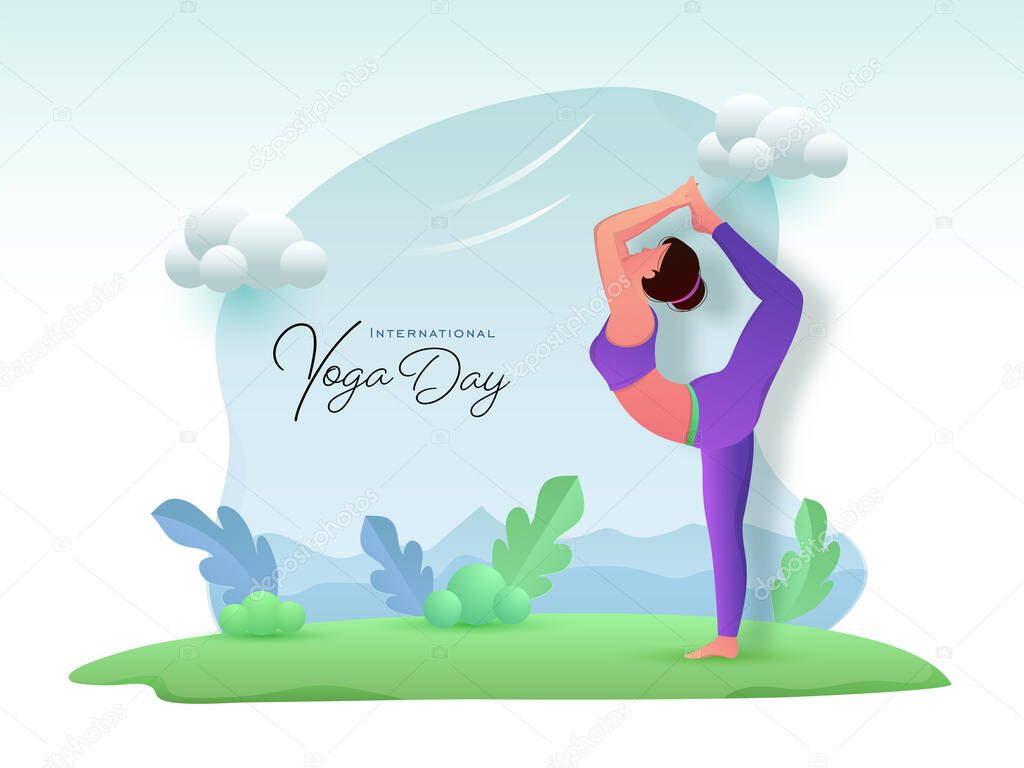 Cartoon Young Girl Practicing Natarajasana Yoga with Glossy Clouds and Leaves on Abstract Background for International Yoga Day.