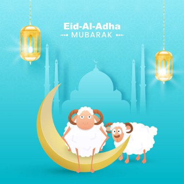 Eid-Al-Adha Mubarak Poster Design with Golden Crescent Moon, Two Cartoon Sheep, Paper Mosque and Hanging Illuminated Lanterns on Sky Blue Arabic Pattern Background. clipart