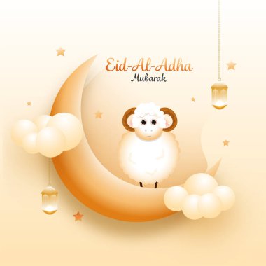 Glossy Crescent Moon with Cartoon Sheep, Stars, Clouds and Hanging Illuminated Lanterns on Peach Yellow Background for Eid-Al-Adha Mubarak. clipart