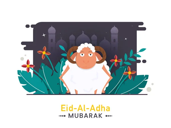 Eid Adha Mubarak Affisch Design Med Tecknad Får Och Blommig — Stock vektor