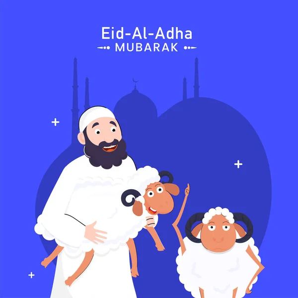 Hombre Musulmán Alegre Con Oveja Cartoon Fondo Azul Para Eid — Vector de stock