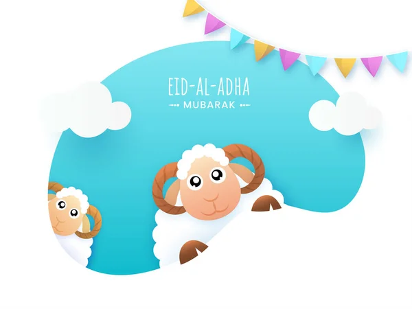 Eid Adha Mubarak Concept Cartoon Two Sheep Bunting Flags Decorated — ストックベクタ