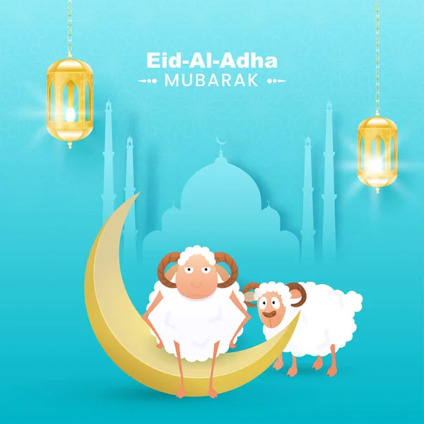 Eid Adha Mubarak Plakát Design Zlatým Půlměsícem Dvě Kreslené Ovce — Stockový vektor