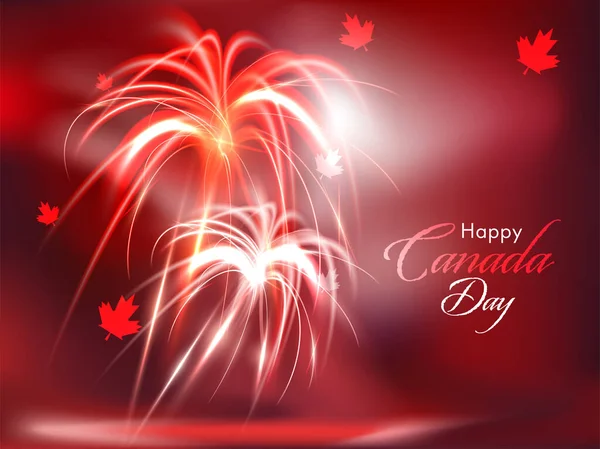 Happy Canada Day Font Maple Leaves Red Fireworks Background — Stock Vector