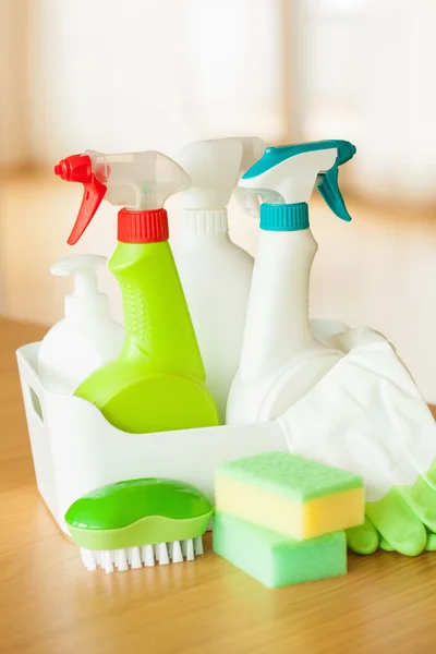 Cleaning items household spray brush sponge glove — Stock Photo, Image