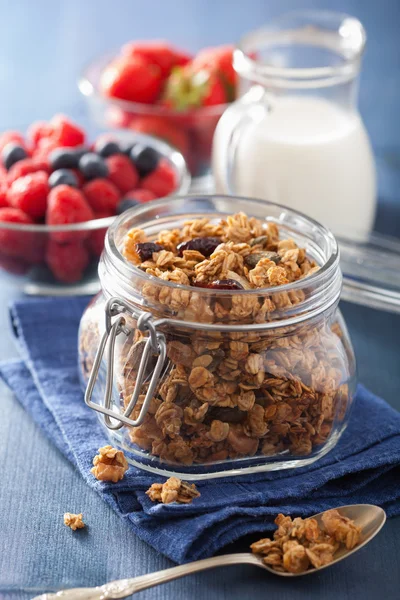 Hemgjord friska granola i glasburk och bär — Stockfoto