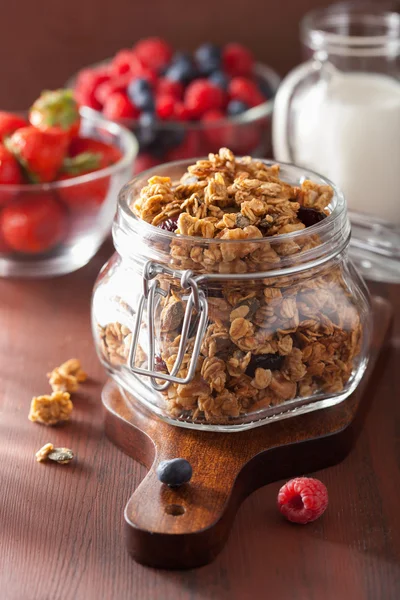 Egészséges házi granola üvegedénybe és bogyók — Stock Fotó