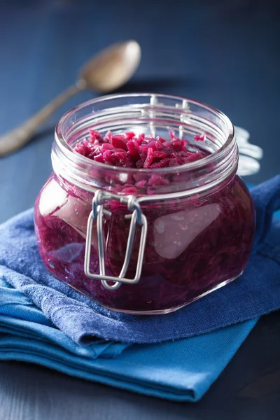 Pickled red cabbage in glass jar — Stock Image Pickled red cabbage in glass jar Stock Image
