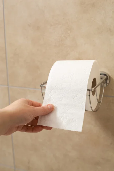 Mână care ține rola de hârtie igienică în suport — Fotografie, imagine de stoc