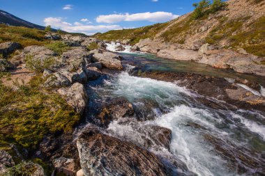 güneşli manzara Norveç dağlar Dovrefjell Nehri