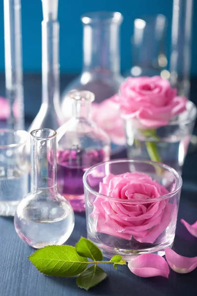 Ensemble alchimie et aromathérapie avec fleurs de roses et flasques chimiques — Photo