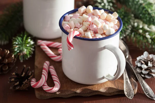 Hot chocolate with mini marshmallow candy cane — Stock Photo, Image