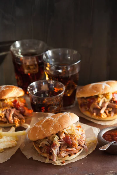 Homemade pulled pork burger with caramelized onion and bbq sauce — Stock Photo, Image