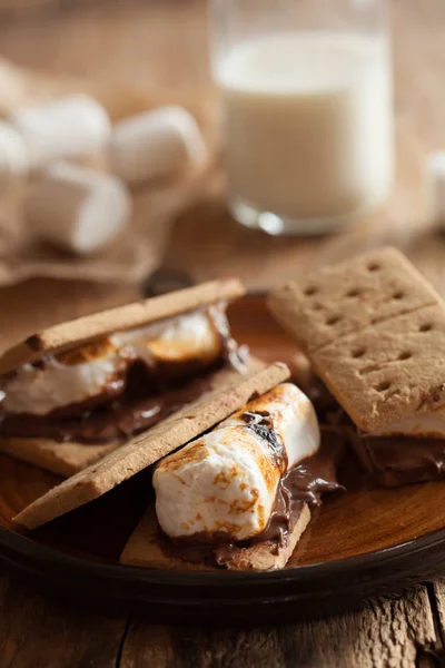 Marshmallow caseiro s 'mores com chocolate em biscoitos — Fotografia de Stock