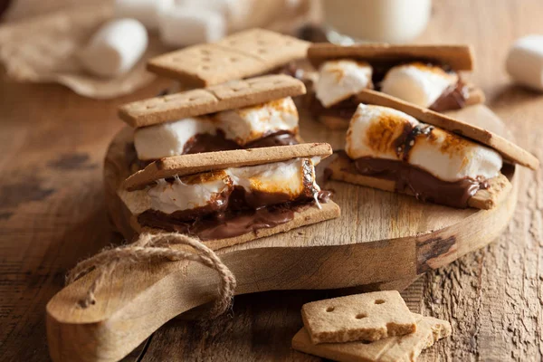 Zelfgemaakte marshmallow s'mores met chocolade op crackers — Stockfoto