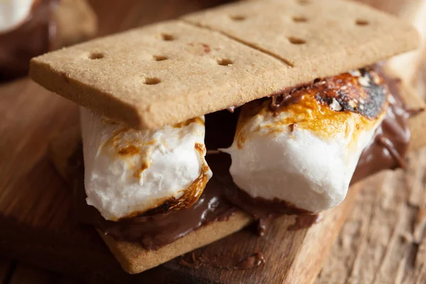 Zelfgemaakte marshmallow s'mores met chocolade op crackers — Stockfoto