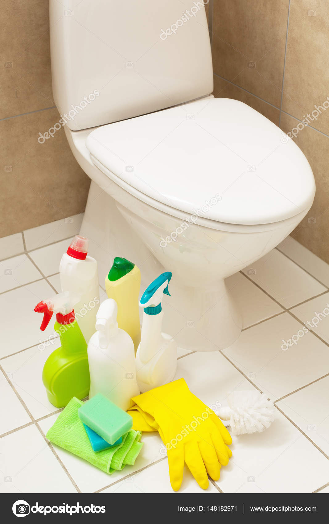 schoonmaak artikelen handschoenen borstel witte WC kom badkamer ... schoonmaak artikelen handschoenen borstel witte WC kom badkamer ...