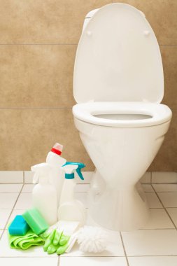 temizlik maddeleri eldiven beyaz tuvalet kase banyo fırçası