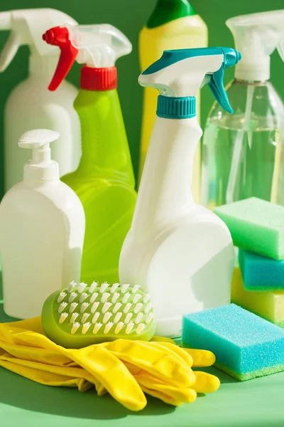 Cleaning items household spray brush sponge glove — Stock Photo, Image