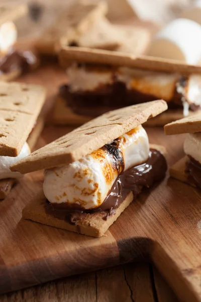 Zelfgemaakte marshmallow s'mores met chocolade op crackers — Stockfoto