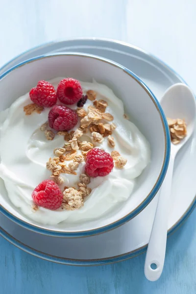 Yoghurt med müsli och hallon för hälsosam frukost — Stockfoto