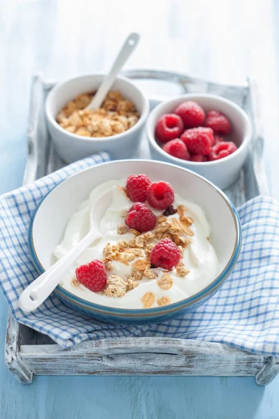 Yogurt con granola y frambuesa para un desayuno saludable — Foto de Stock