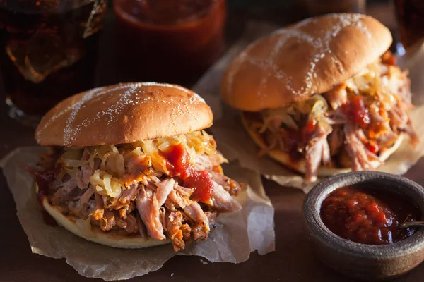 Homemade pulled pork burger with caramelized onion and bbq sauce — Stock Photo, Image