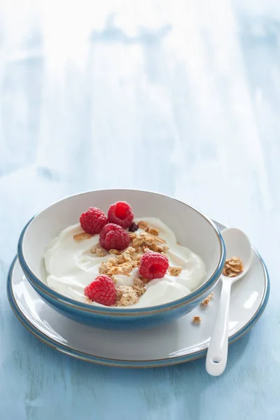 Yoghurt med müsli och hallon för hälsosam frukost — Stockfoto