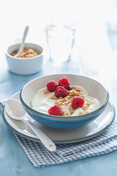 Joghurt, granola és málna egészséges reggeli — Stock Fotó