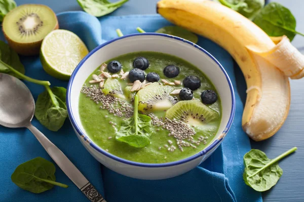Grüne Smoothie-Schale Spinat-Kiwi-Blaubeer-Limetten-Banane mit Chia — Stockfoto