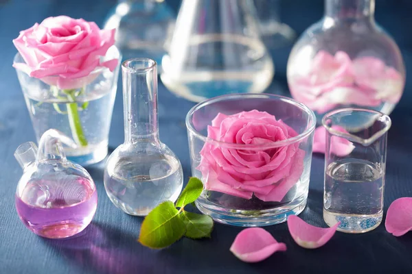 Ensemble alchimie et aromathérapie avec fleurs de roses et flasques chimiques — Photo