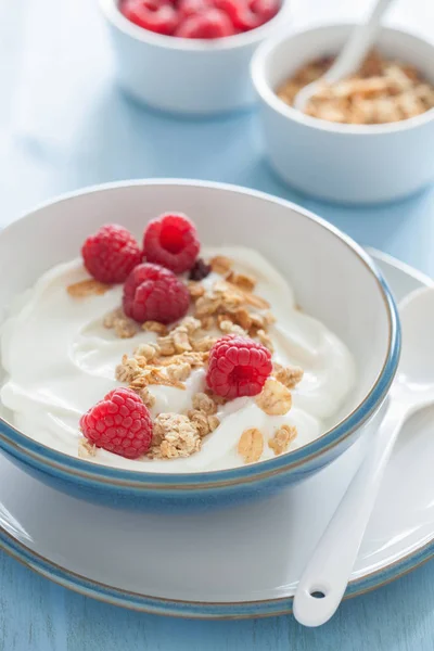 Iogurte com granola e framboesa para café da manhã saudável — Fotografia de Stock