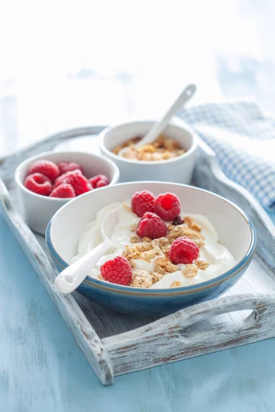 Йогурт с мюсли и малиной на здоровый завтрак — стоковое фото