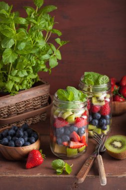 mason kavanoza çilek yaban mersini kivi elma nane içinde meyve salatası