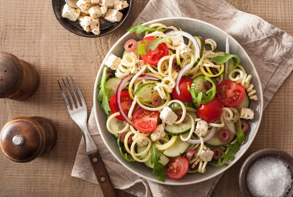 Spiralized courgette salad greek style with tomato feta olives c — Stock Photo, Image