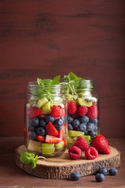 mason kavanoza çilek yaban mersini kivi elma nane içinde meyve salatası