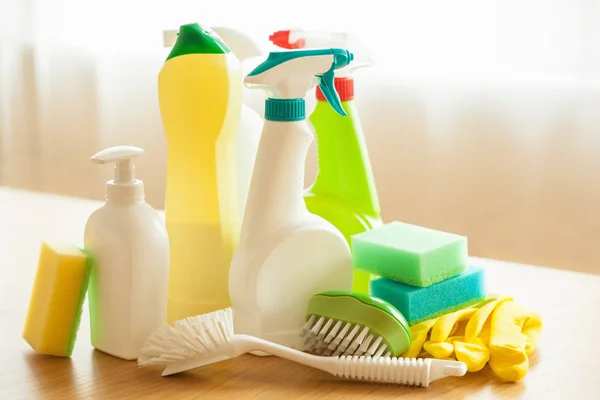 Cleaning items household spray brush sponge glove — Stock Photo, Image